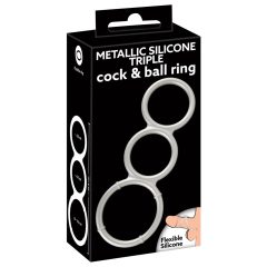   You2Toys - Dreifacher Silikon-Penis- und Hodenring mit Metalleffekt (Silber)