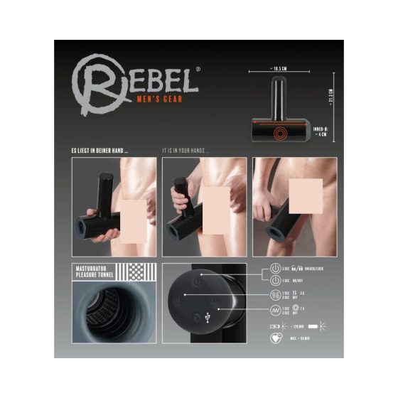 Rebel - Akkubetriebener, auf- und ab bewegender, vibrierender Masturbator (schwarz)