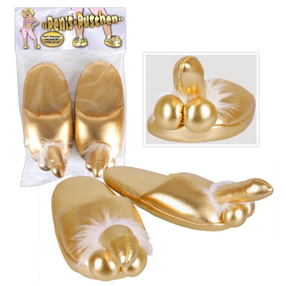 Goldene Pantoffeln mit Penis-Motiv