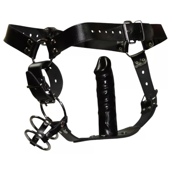 ZADO - Leder Tanga mit Dildo, 3 Penisringen