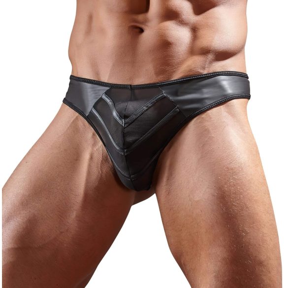 Glänzender Herren-Tanga mit transparentem Einsatz (schwarz) - M