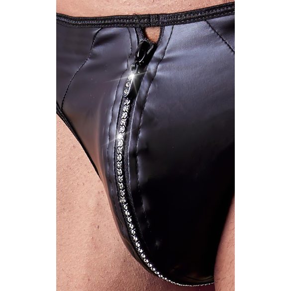 Svenjoyment - glänzender Herren-String mit Strass-Reißverschluss (schwarz) - M