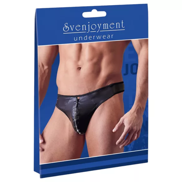 Svenjoyment - glänzender Herren-String mit Strass-Reißverschluss (schwarz) - L