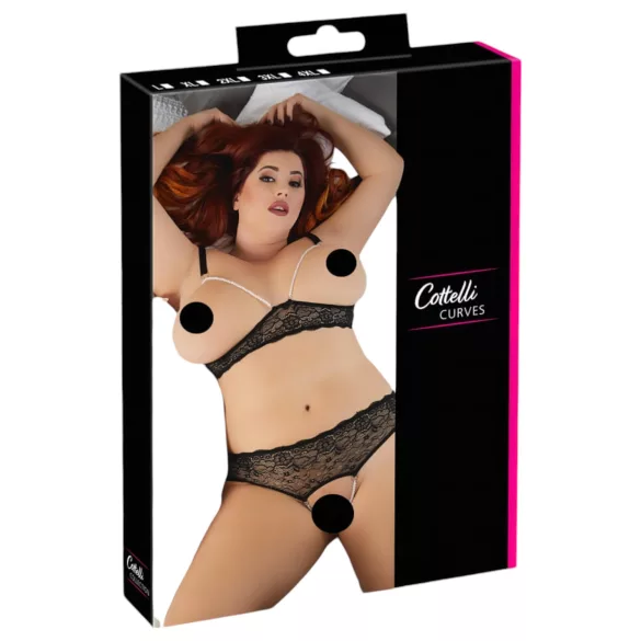 Cottelli Plus Size - Perlen-BH-Set (schwarz) - 3XL