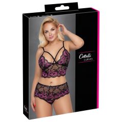 Cottelli Plus Size - Blumen-BH-Set (schwarz-lila) - 3XL/4XL
