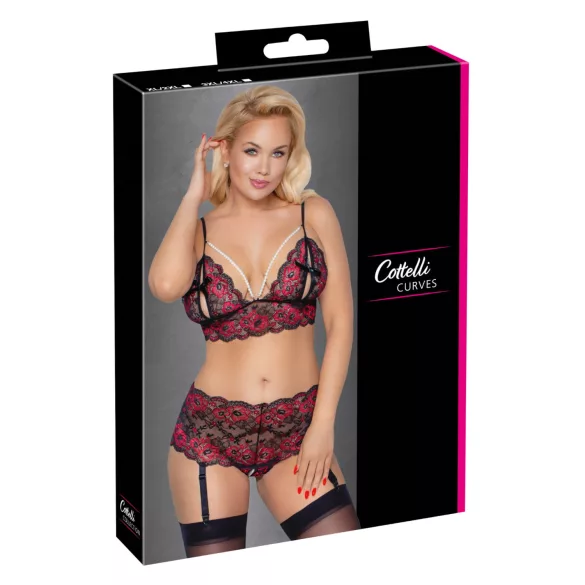Cottelli Curves - Blumiges, offenes BH-Set (schwarz) - 3XL/4XL