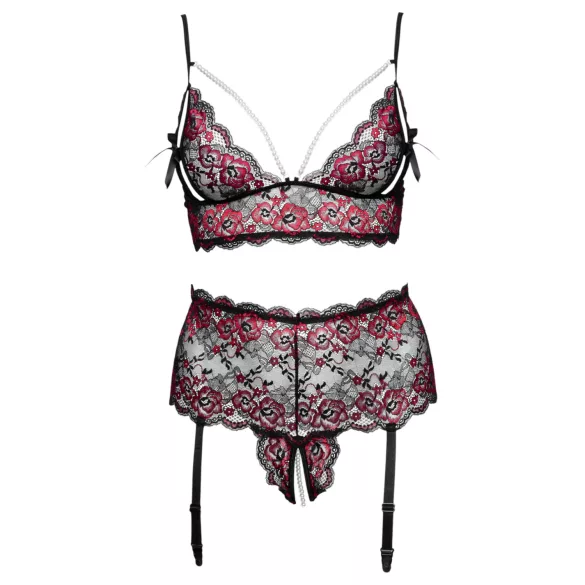 Cottelli Curves - Blumiges, offenes BH-Set (schwarz) - 3XL/4XL