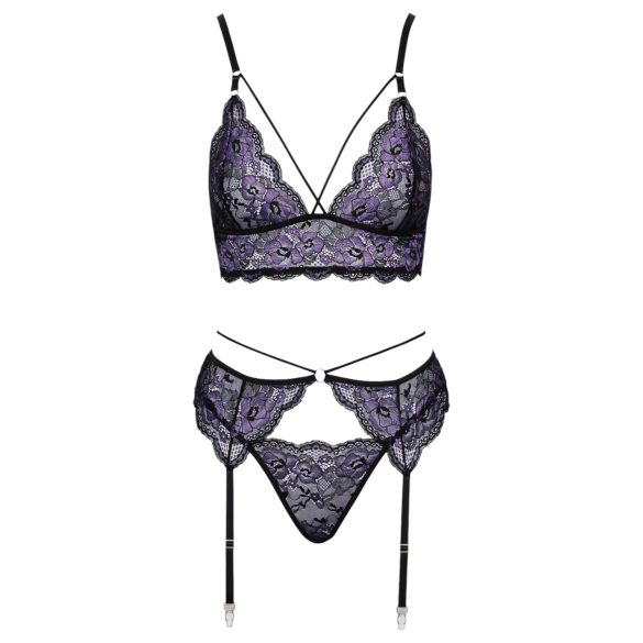 Cottelli - 3-teiliges Spitzenwäsche-Set (schwarz-violett) - XL