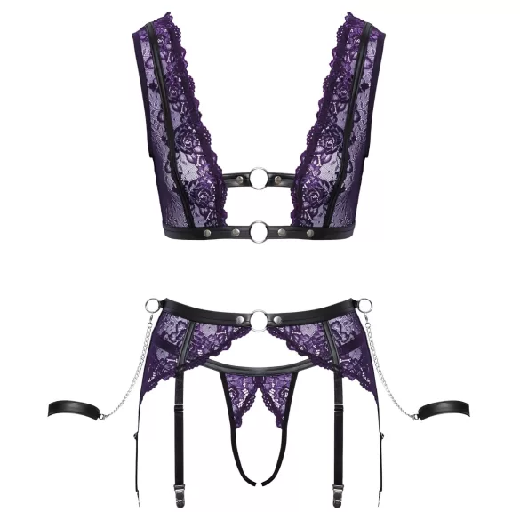Cottelli Bondage - Dessous-Set und Handschellen (Schwarz-Lila)