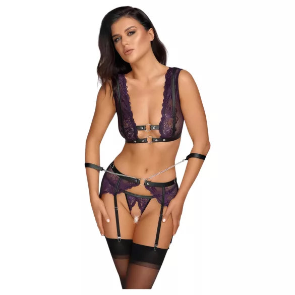 Cottelli Bondage - Dessous-Set und Handschellen (Schwarz-Lila) - L