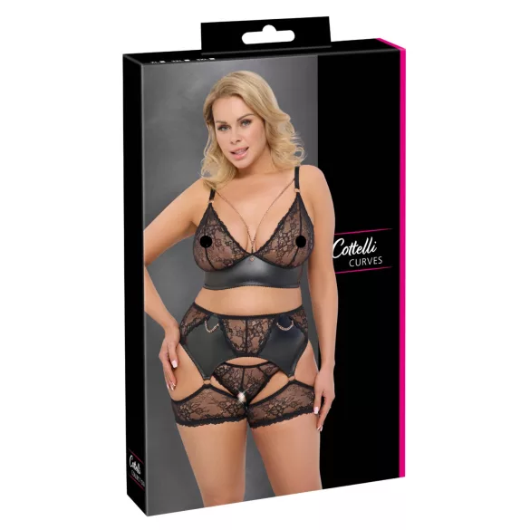 Cottelli Curves - Spitzen-BH-Set mit Ledereinsätzen (Schwarz) - 2XL
