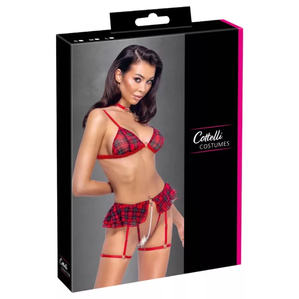 Cottelli - kariertes Dessous-Set mit Strapsen (rot kariert) - M
