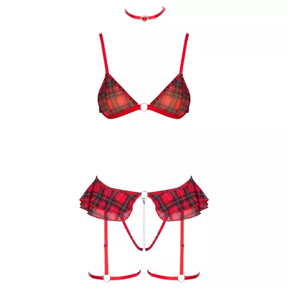 Cottelli - kariertes Dessous-Set mit Strapsen (rot kariert) - M