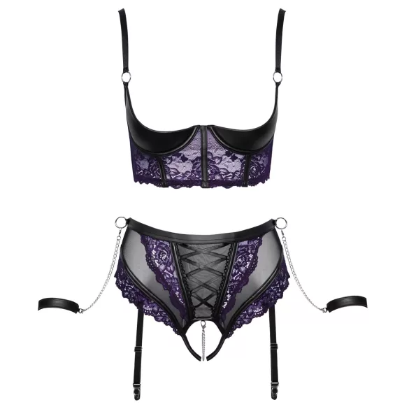Cottelli Bondage - BH-Set und Handfesseln (schwarz-lila) - XL
