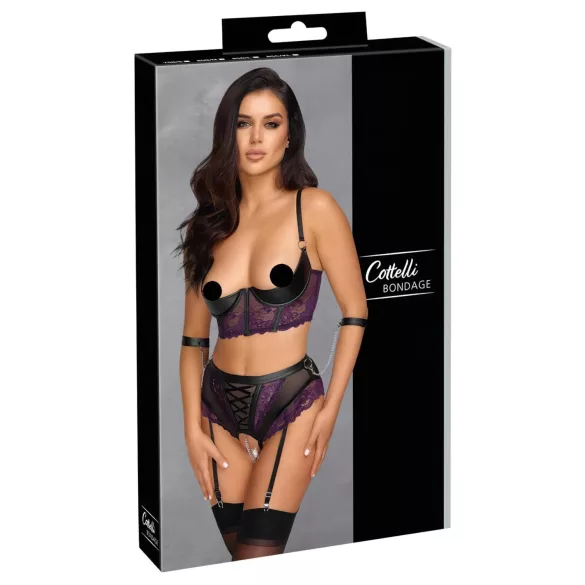 Cottelli Bondage - BH-Set und Handfesseln (schwarz-lila) - XL