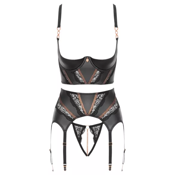 Abierta Fina - dreiteiliges Spitzen-Set mit Strapsen (schwarz)