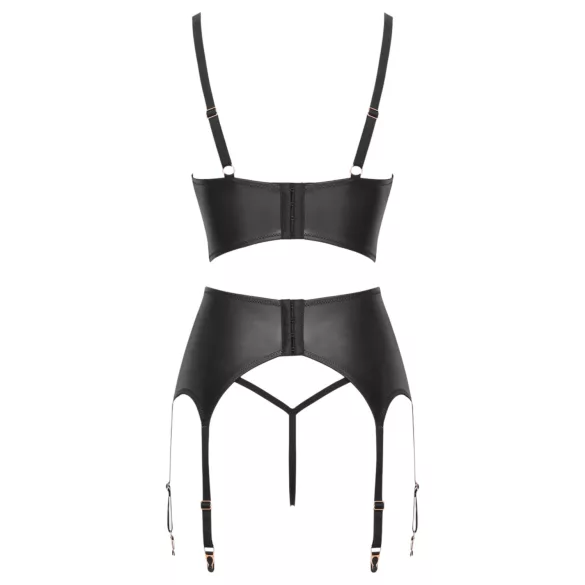 Abierta Fina - dreiteiliges Spitzen-Set mit Strapsen (schwarz)