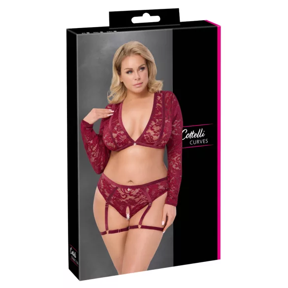 Cottelli Curves - Langärmeliges Spitzen-Set (Rot) - 3XL