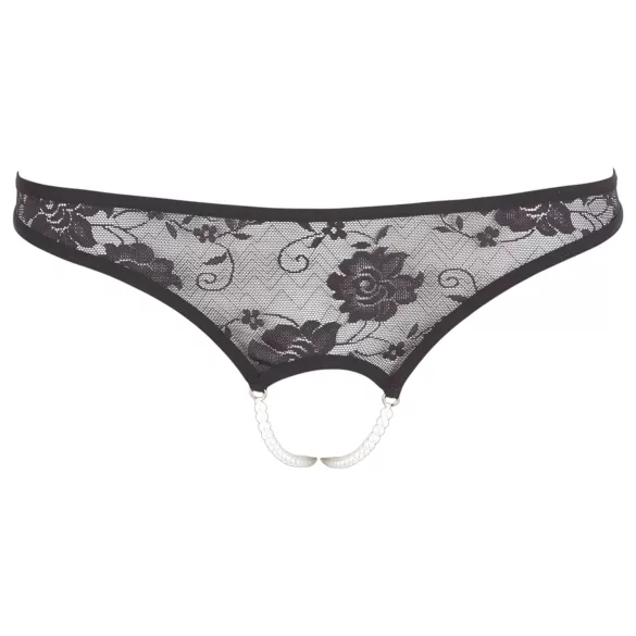 Cottelli - Perlenverzierte offene Spitzen-Tanga (schwarz) - XL