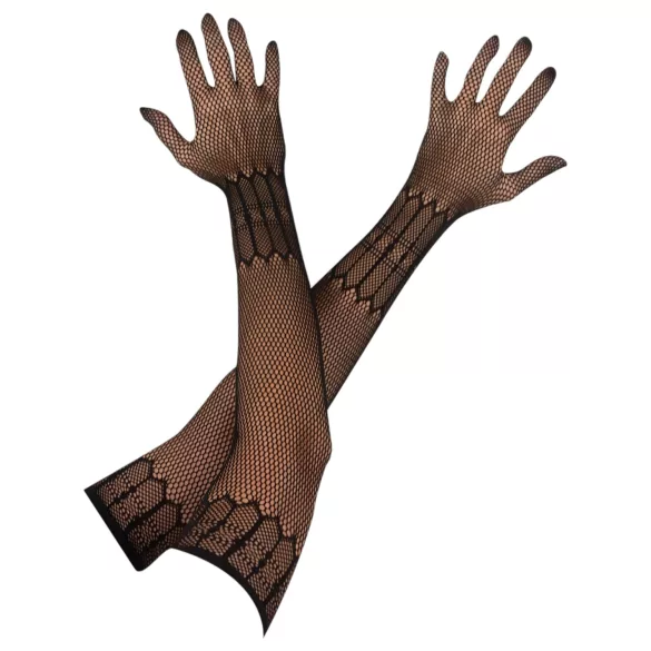 Cottelli Collection - lange, gemusterte schwarze Netz-Handschuhe (S-L)