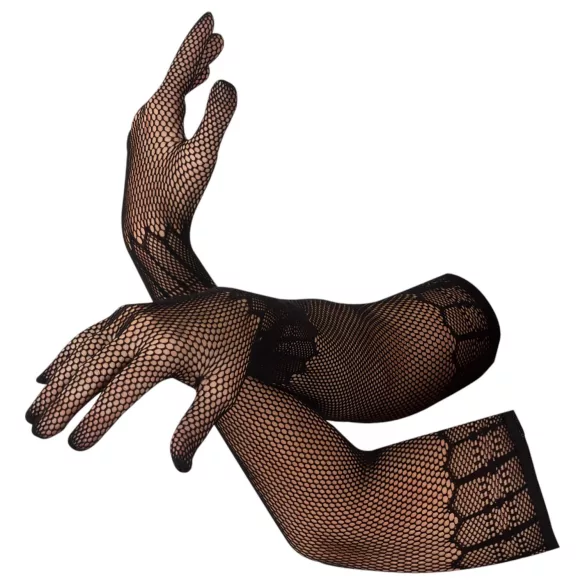 Cottelli Collection - lange, gemusterte schwarze Netz-Handschuhe (S-L)