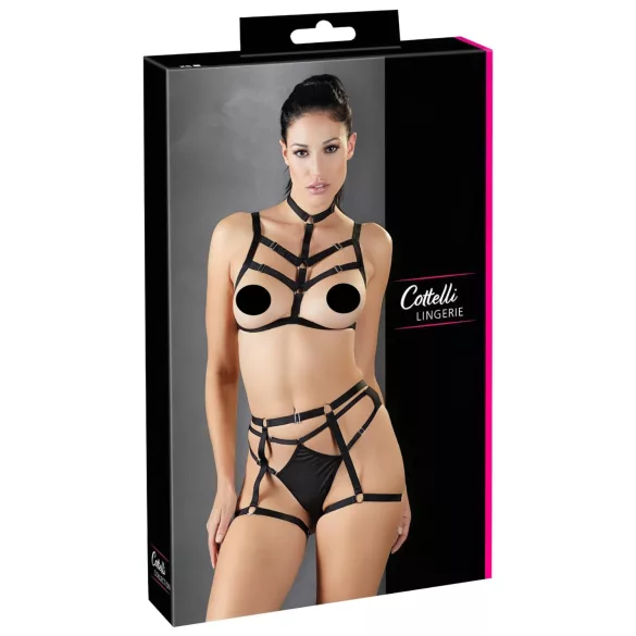 Cottelli - Schwarzes verziertes Body-Harness-Wäsche-Trio (S-L)