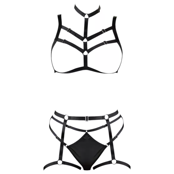 Cottelli - Schwarzes verziertes Body-Harness-Wäsche-Trio (S-L)