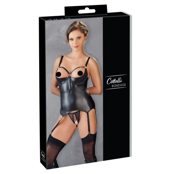 Cottelli Bondage - Glänzendes, büstenhebendes Oberteil mit Handschellen (schwarz) - XL
