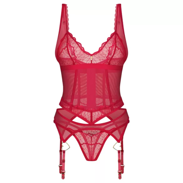 Obsessive Cupide Desir - Transparenter Spitzen-Set (Rot) - L/XL