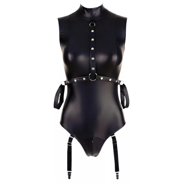 Cottelli Bondage - Ärmeloser, glänzender Body & Armfessel (Schwarz) - XL