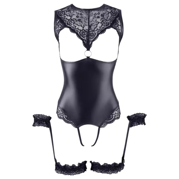 Cottelli Bondage - Glänzender Offener Body & Handfesseln (Schwarz)