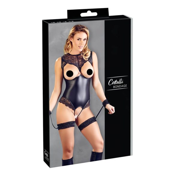 Cottelli Bondage - Glänzender Body mit offenen Cups & Handfesseln (Schwarz) - M