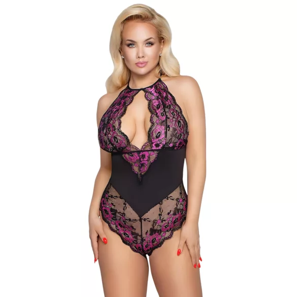 Cottelli Plus Size - Blumen-Body (schwarz-lila)