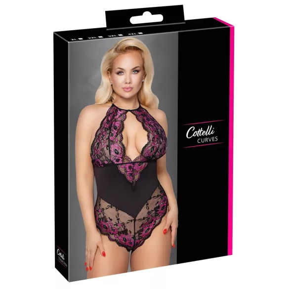 Cottelli Plus Size - Blumen-Body (schwarz-lila) - 3XL