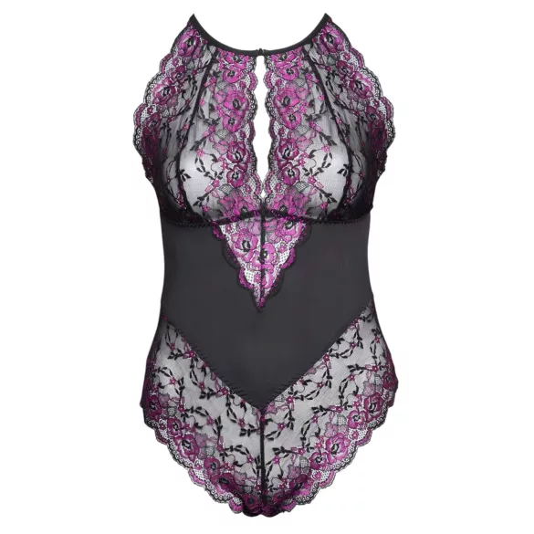 Cottelli Plus Size - Blumen-Body (schwarz-lila) - 3XL