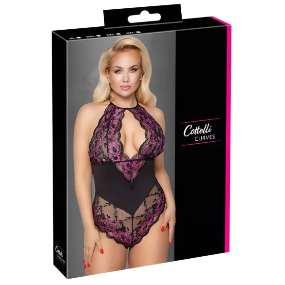 Cottelli Plus Size - Blumen-Body (schwarz-lila) - 4XL