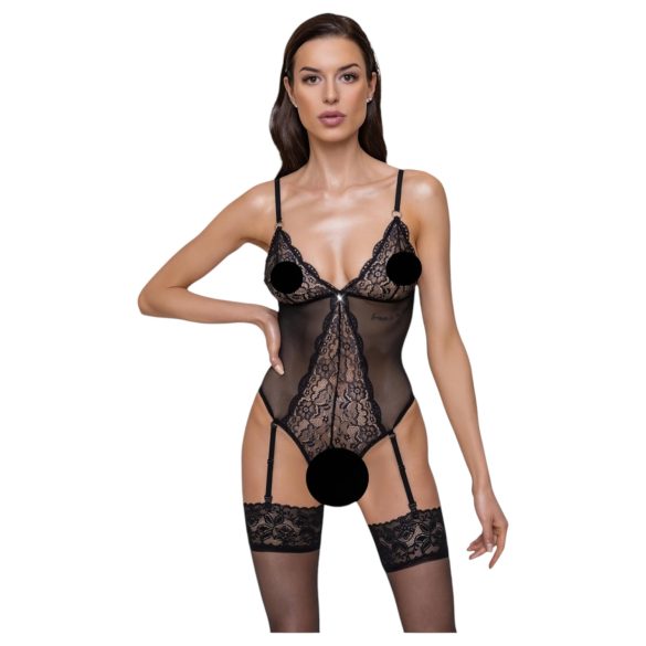 Cottelli - Strumpfhalter, Spitzen-Body mit offenem Design (schwarz)
