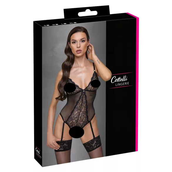 Cottelli - Strumpfhalter, Spitzen-Body mit offenem Design (schwarz) - L