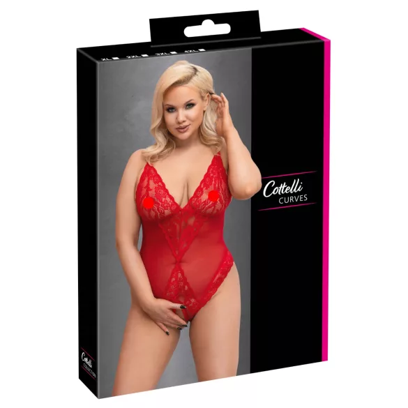 Cottelli Curves - transparenter Spitzenbody (rot) - 3XL