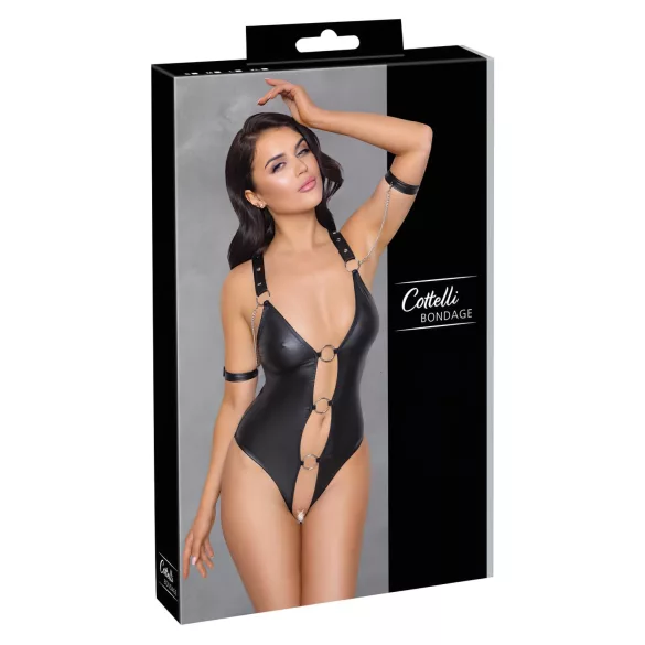 Cottelli Bondage - Glänzender, offener Body mit Ringen (schwarz) - M