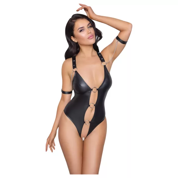 Cottelli Bondage - Glänzender, offener Body mit Ringen (schwarz) - XL