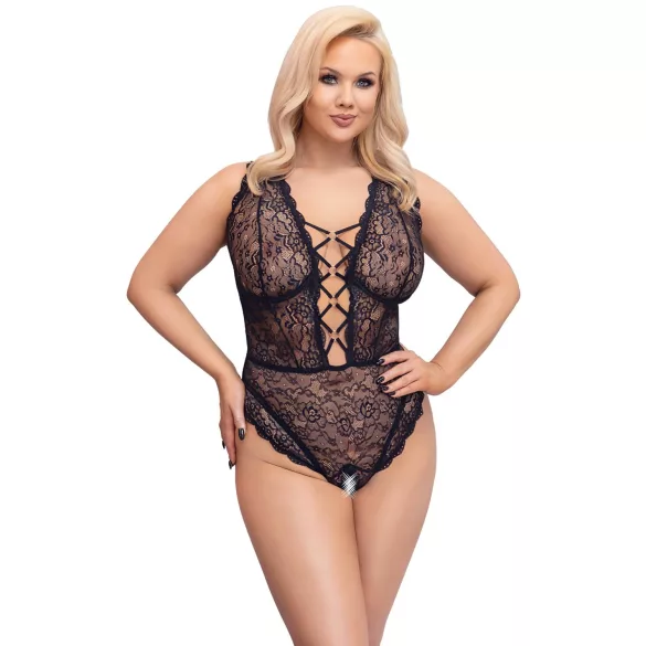 Cottelli Curves Plus Size - transparenter gemusterter Body (schwarz)