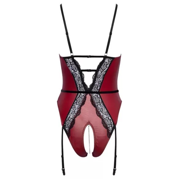 Abierta Fina - Offener Body mit Strumpfhalter (Schwarz-Rot) - M