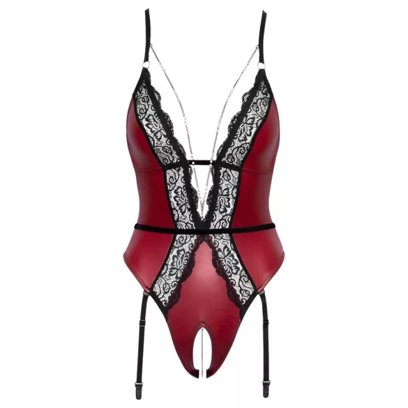 Abierta Fina - Offener Body mit Strumpfhalter (Schwarz-Rot) - L