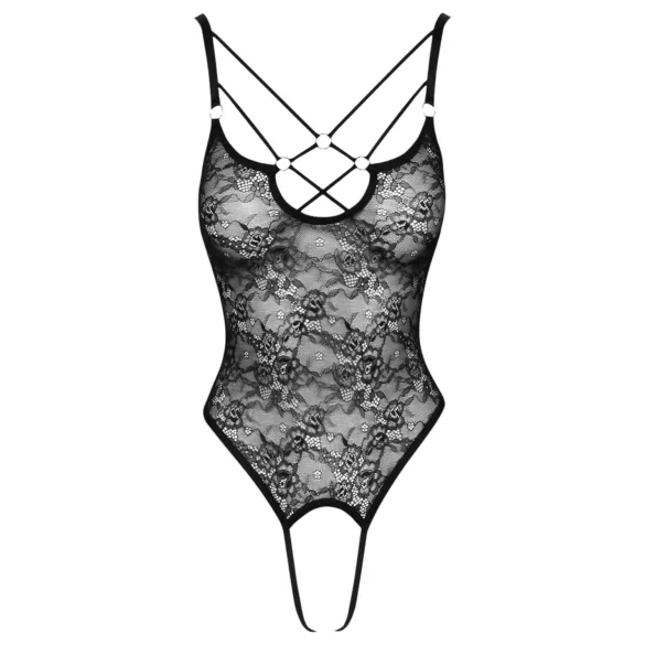 Cottelli - Transparenter Spitzenbody mit Öffnungen (schwarz) - XL
