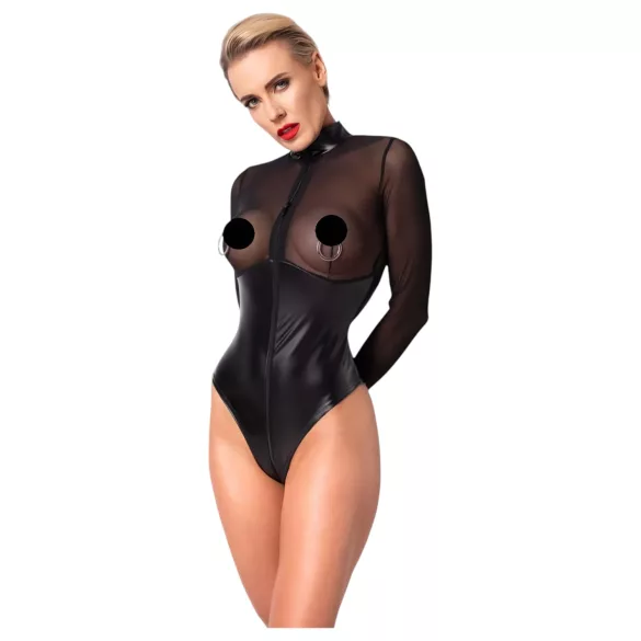 Noir - Glänzender Body mit transparentem Einsatz (Schwarz)