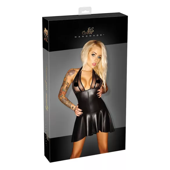 Noir - Plisseekleid mit transparentem Brustteil und Halsband (schwarz)