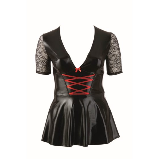 Cottelli Plus Size - glänzendes Kleid mit roter Schnürung (schwarz) - XXXL