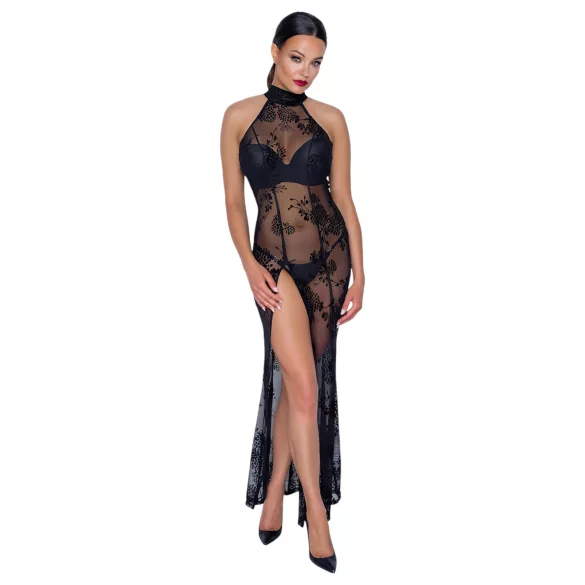 Noir - Transparente Blütenpracht, langes Kleid (schwarz) - L