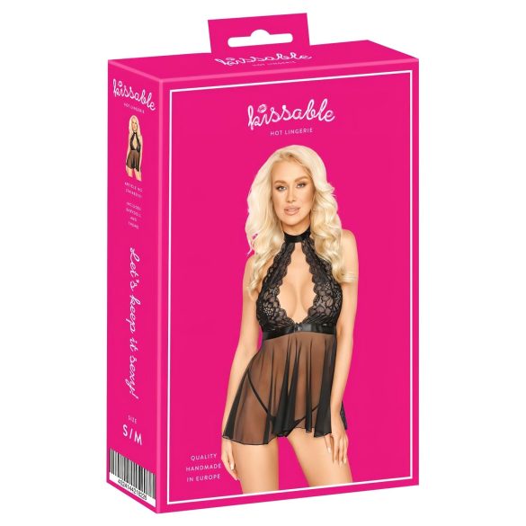 Küssbarer Babydoll mit Halsband – schwarz, Spitze - L/XL